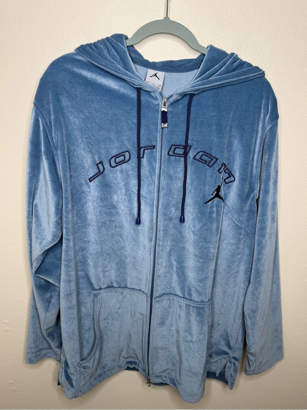 Vintage Jordan Hoodie Mens M Blue Velour Velvet Jumpman Logo Sweatshirt